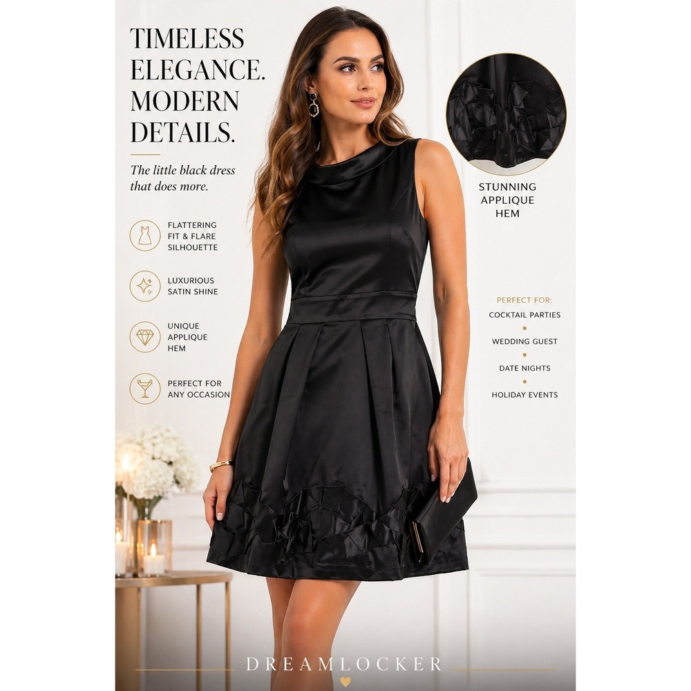 Black Satin Fit Flare Cocktail Party Dress Pleated Hem Size 2 Cynthia Steffe